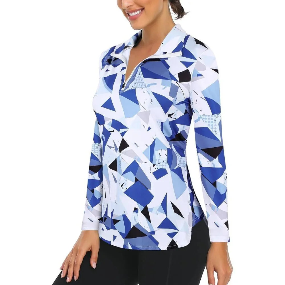 Women’s Long Sleeve Golf Tennis Polo Shirt Half Zip Breathable Workout Top - Picture 6 of 7